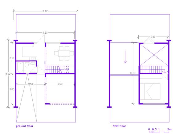 Las Higueras floor plan of the basic house, ground floor with two modules dimension 3.2/2.9m containing dining room, kitchen, and bathroom (left), first floor with third module containing bedroom and void within the house (right).