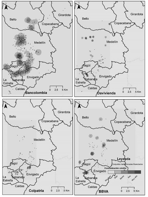 Distribuci&oacute;n de proyectos habitacionales financiados por los cuatro principales bancos en el AMVA (1997-2017).