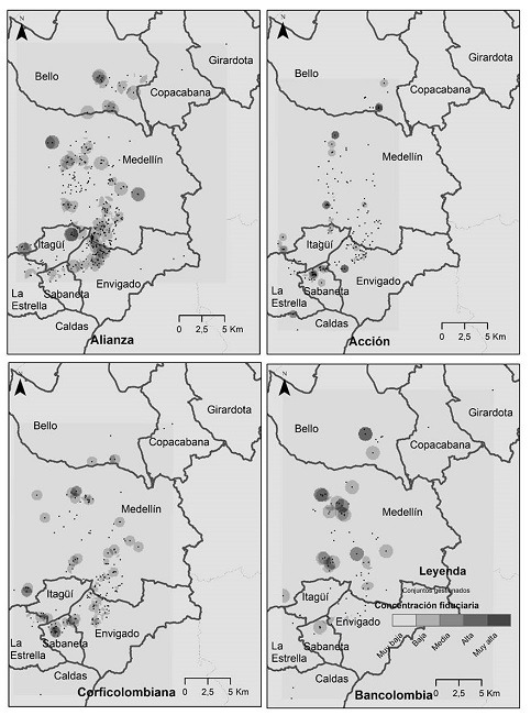 Distribuci&oacute;n espacial de proyectos habitacionales seg&uacute;n fiducia entre 1997 y 2017.