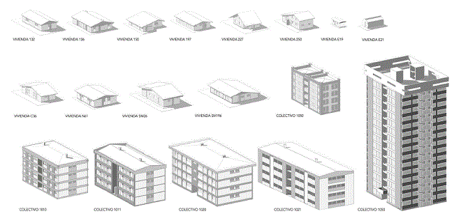 Tipologías de vivienda en extensión y colectivos de viviendas diseñadas en CORVI entre 1966 y 1971.