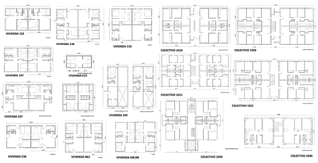 Dimensiones y plantas de vivienda en extensión y colectivos de viviendas diseñadas en CORVI entre 1966 y 1971. 