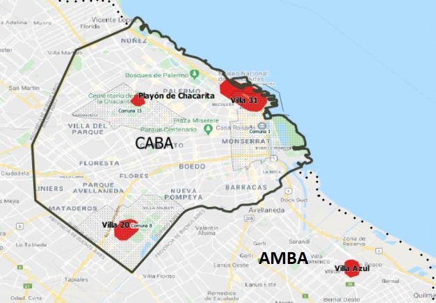 Localizaci&oacute;n de las villas bajo estudio en el AMBA. 