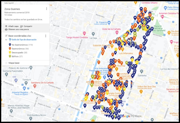 Mapa de la Zona G&uuml;emes, resultado de la georreferenciaci&oacute;n registrando la ubicaci&oacute;n de las observaciones relevadas por tipo.