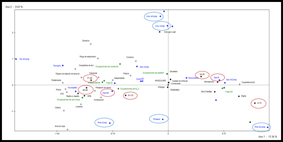 Plano factorial construido a partir del ACM - encuestados y grupo familiar.