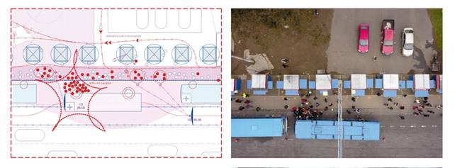 Left: cartography of spatial conflict. Right: passengers trying to catch a bus in movement.