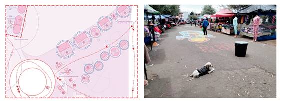 Left: cartography of street market on the internal walkway. Right: view of self-assembled stands.