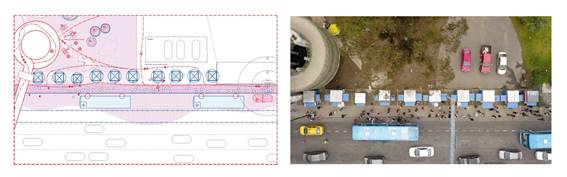Left: cartography representing the interface on public space. Right: kiosks in front of Pan-American Highway.