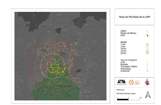 Mapa de Movilidad de la UAM Azcapotzalco. Se observa la ubicaci�n de la residencia de la comunidad estudiantil respecto al campus, adem�s del tipo de transporte que utilizan para desplazarse. 