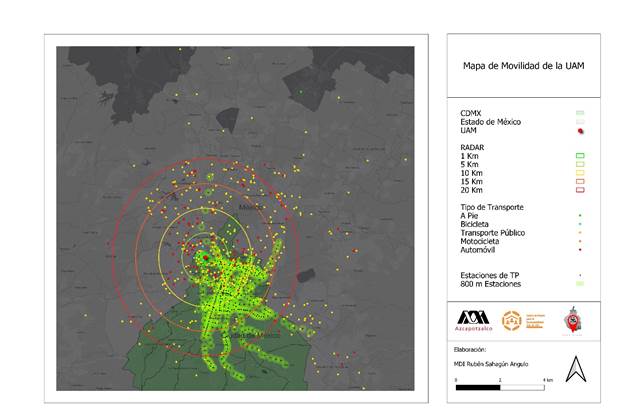 Mapa de movilidad donde se muestra la ubicaci�n de la residencia y tipo de transporte de la comunidad estudiantil de la muestra y las estaciones de metro y metrob�s de la ZMVM y un per�metro de 800 metros a cada una de ellas. 