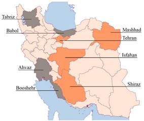The investigated cities on the map of Iran. 