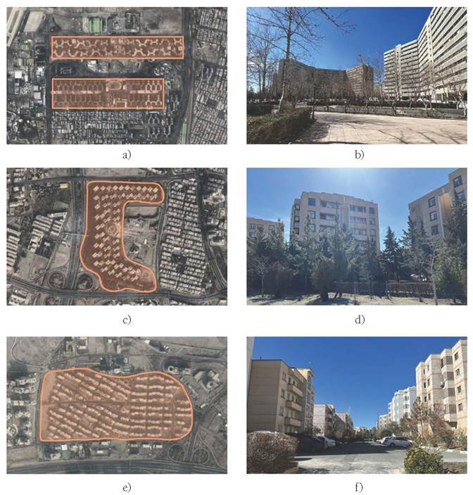 Residential communities of Tehran: a) Ekbatan&rsquo;s site plan; b) Ekbatan&rsquo;s view; c) Sadra&rsquo;s site plan; d) Sadra&rsquo;s view; e) Shahid Bagheri&rsquo;s site plan; f) Shahid Bagheri&rsquo;s view. 