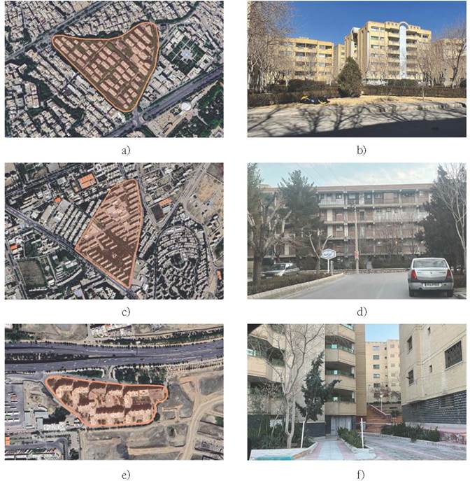 Residential communities of Isfahan: a) Bagh Ghadir&rsquo;s site plan; b) Bagh Ghadir&rsquo;s view; c) Kooye Bahar&rsquo;s site plan; d) Kooye Bahar&rsquo;s view; e) Zeitoon&rsquo;s site plan; f) Zeitoon&rsquo;s view. 