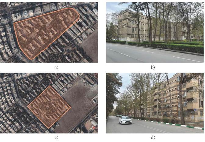 Residential communities of Mashhad: a) 512 Dastgah&rsquo;s site plan; b) 512 Dastgah&rsquo;s view; c) 600 Dastgah&rsquo;s site plan; d) 600 Dastgah&rsquo;s view. 