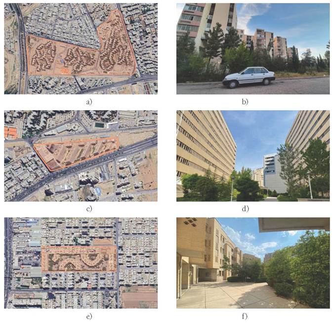 Residential communities of Shiraz: a) Faransaviha&rsquo;s site plan; b) Faransaviha&rsquo;s view; c) Derak&rsquo;s site plan; d) Derak&rsquo;s view; e) Janet&rsquo;s site plan; f) Janet&rsquo;s view.