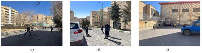 Places with PA: playing football in: a) front of a school (Bagh Ghadir, Isfahan); b) an impass (Shahid Bagheri, Tehran); c) a parking lot in front of blocks (Kooye Bahar, Isfahan).