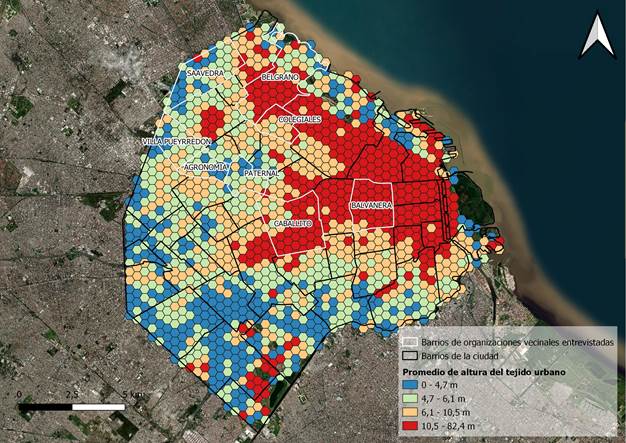 Promedio de altura del tejido urbano en hexágonos de 500 metros de lado y división barrial de la Ciudad Autónoma de Buenos Aires. Nota: los barrios en los que entrevistamos a organizaciones vecinales movilizadas contra el código urbanístico son señalados por su nombre.