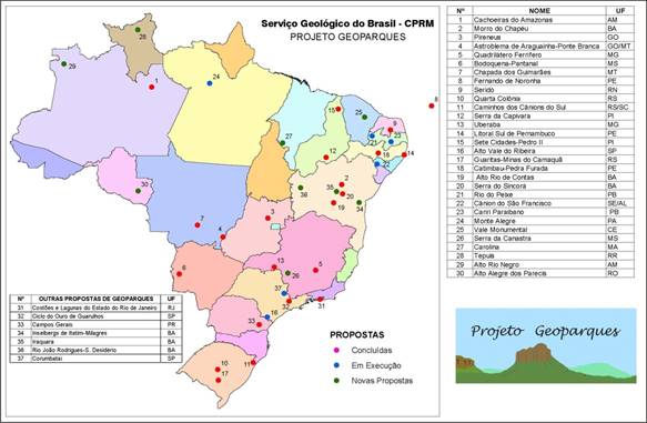 Localiza&ccedil;&atilde;o das propostas do Projeto Geoparques do
Brasil.