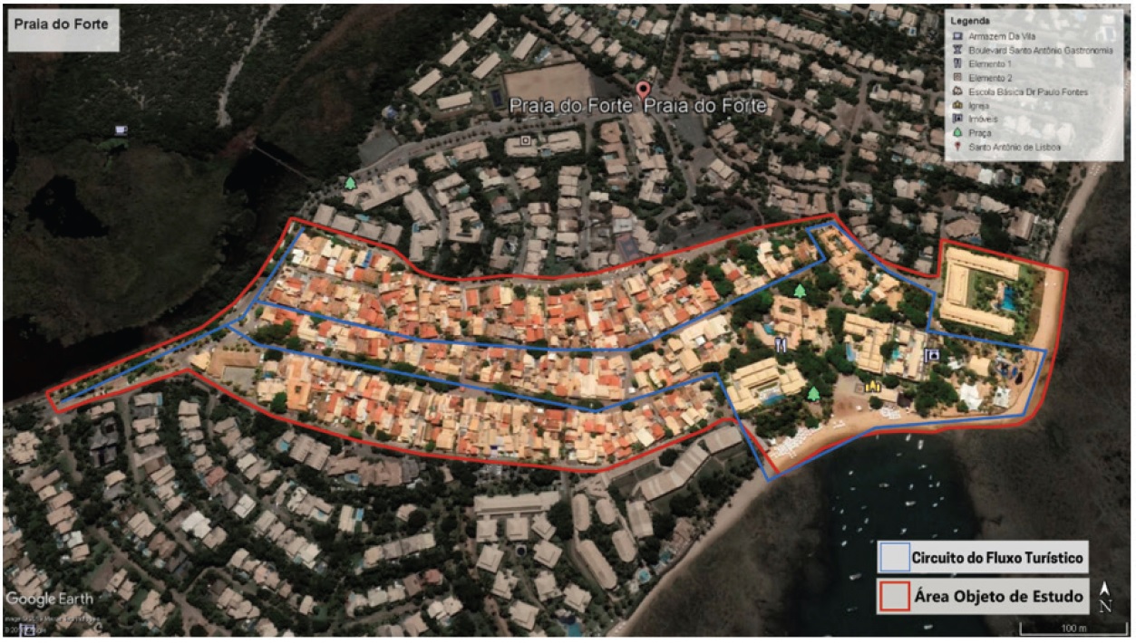 Imagem de sat�lite da �rea de estudo do Distrito de Praia do Forte no Litoral Norte da Bahia