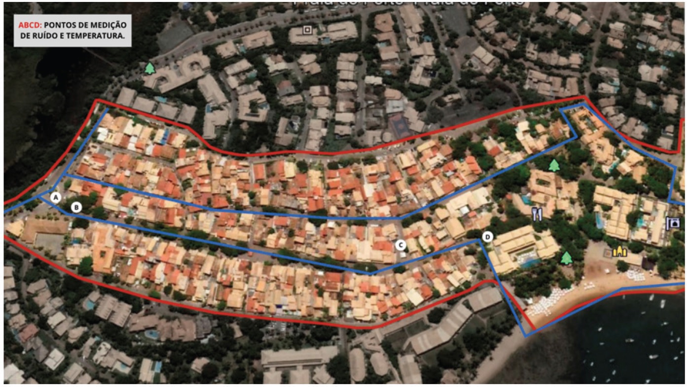 Esta��es de medi��o do ru�do urbano e da temperatura A B C e D