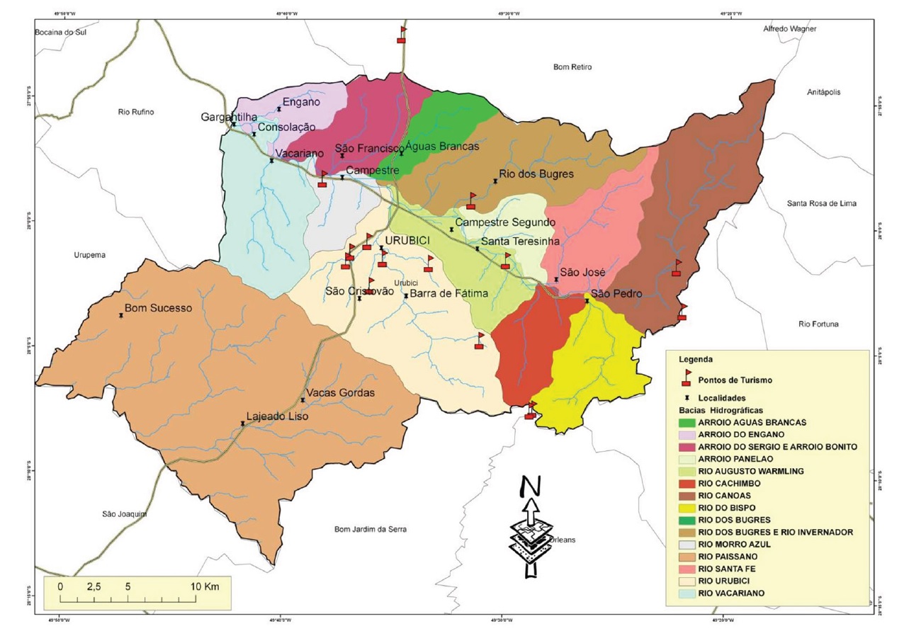Map of the river basins and tourism attractions of Urubici.