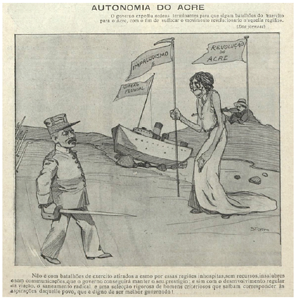 Charge “Autonomia do Acre”, de Alfredo Storni (O Malho, 25 maio 1912, p. 21).