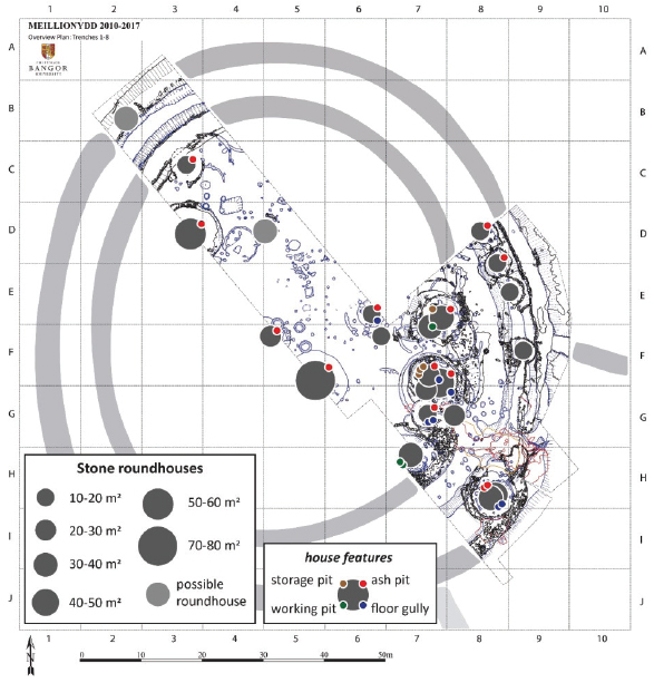 Distribution of roundhouses (with various internal features) of phases 3a-8 in Meillionydd. Note particularly the clustering of differently sized houses in different parts of the site.