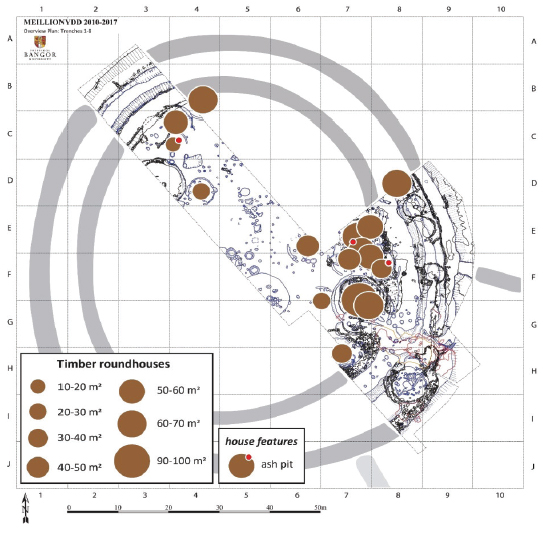 Distribution of roundhouses (with internal features) of phases 1a-2c in Meillionydd. Note the different spatial organisation and larger house sizes compared to the later occupation phases shown on Figure 5.