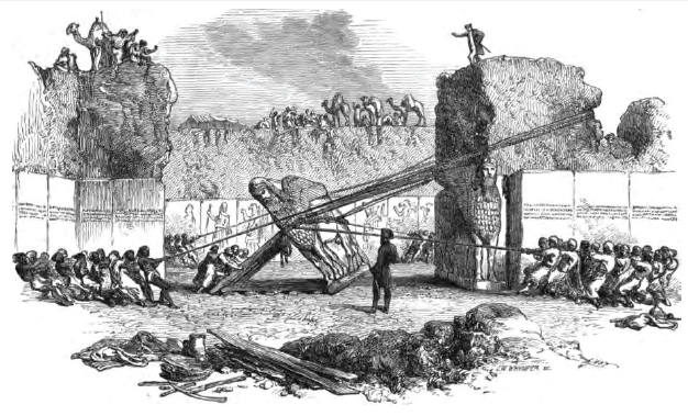 Grabado de las excavaciones de sir Austen Henry Layard en N&iacute;nive y Nimrud y del hallazgo de los famosos lamassu, hoy en el Museo Brit&aacute;nico en Londres.