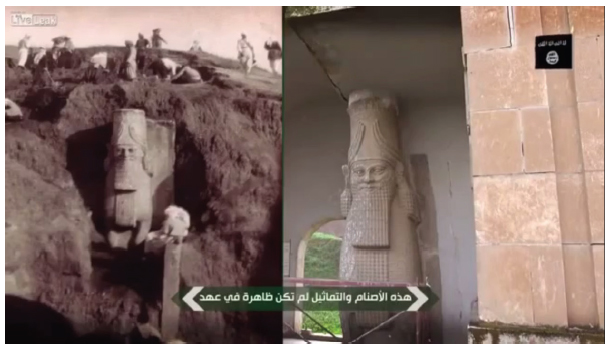 Captura de pantalla de una escena del v&iacute;deo de DAESH sobre la destrucci&oacute;n de piezas en el Museo de Mosul.