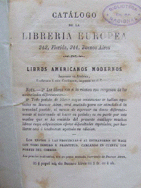 Condiciones de venta en el Cat&aacute;logo de la Librer&iacute;a Europea. Libros americanos modernos. Buenos Aires: Imprenta de Pablo E. Coni, 1882