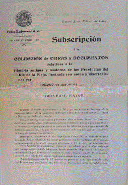 Volante de suscripci&oacute;n inserto en el Cat&aacute;logo de las Obras Editadas por F&eacute;lix Lajouane & Ca Libreros-editores, No. 76, enero de 1905. Buenos Aires: Lajouane, 1905