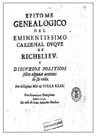 Portada Epitome geneal&oacute;gico del Eminentissimo Cardenal Duque de Richelieu (Biblioteca Nacional de Espa&ntilde;a, R/13159)