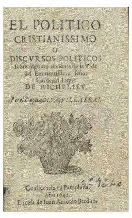 Portada El pol&iacute;tico cristianissimo o discursos pol&iacute;ticos sobre algunas acciones de la vida del eminentissimo se&ntilde;or Cardenal duque de Richelieu (Biblioteca Hist&oacute;rica Municipal de Madrid, I/229)