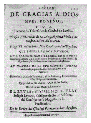 Portada Acci&oacute;n de gracias a Dios nuestro se&ntilde;or, por la entrada triunfal en la ciudad de Lerida&hellip;(Universidad de Granada, A-031-203.8)