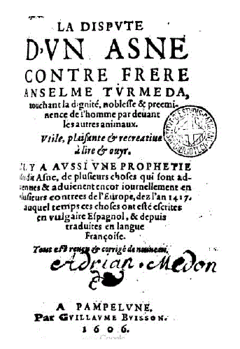 Portada La dispute d&rsquo;un asne contre frere Anselme Turmeda (Biblioteca de Catalunya, 11-V-26)
