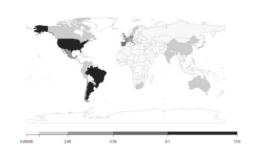 Porcentaje de documentos en colaboraci�n con Uruguay por pa�s.
