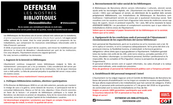 Demandas planteadas desde la Asamblea del personal de bibliotecas de Barcelona