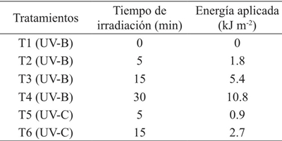 Concentraci&oacute;n de tratamientos de irradiaci&oacute;n UV-B y UV-C de la segunda etapa.