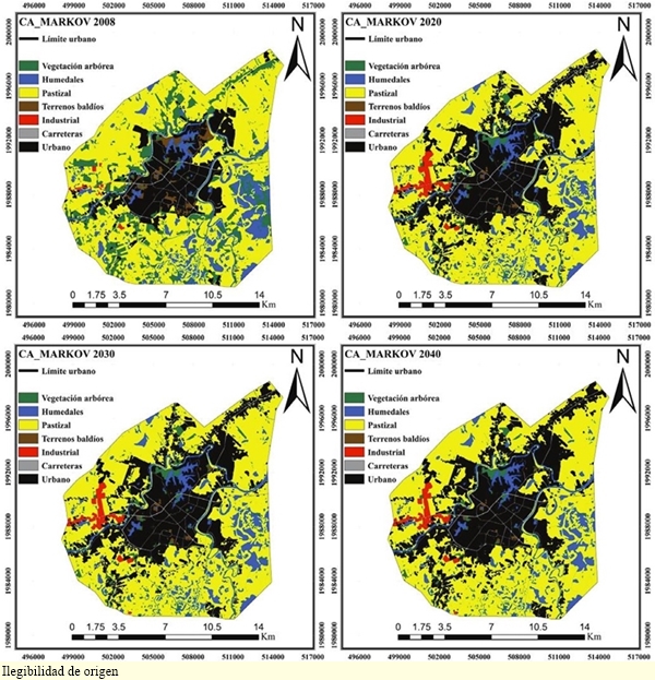 Mapas de escenarios espaciales de cambioCA-Markov. 