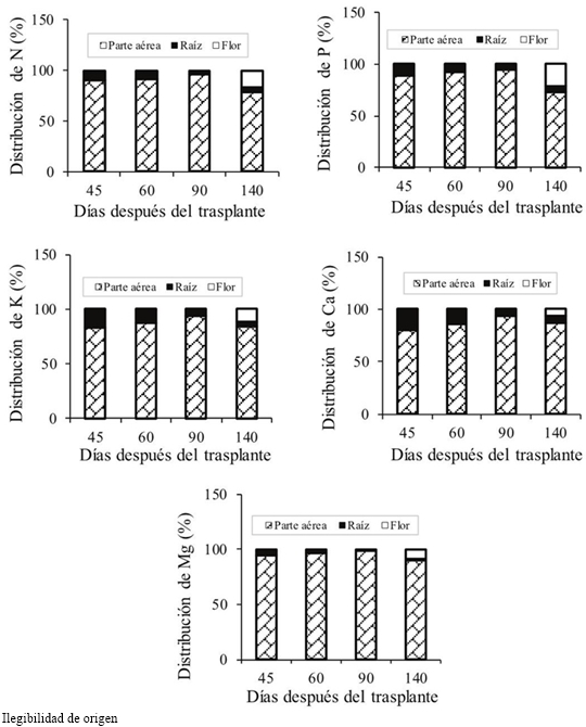 Distribución relativa de macronutrimentos en plantas de lisianthus cv. Mariachi Pink. 