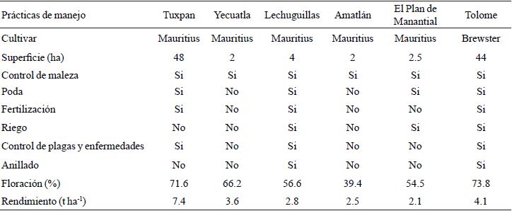 Principales pr&aacute;cticas de manejo, floraci&oacute;n y rendimiento de huertas de litchi, en el estado de Veracruz en el a&ntilde;o 2010.