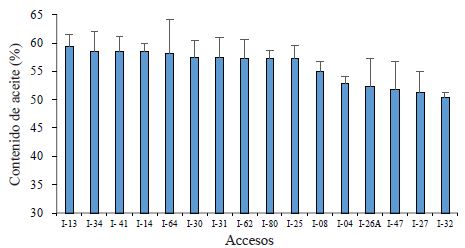 Contenido de aceite (%), en accesos de J. curcas no t&oacute;xica, en plantas de 3 a&ntilde;os propagadas por semilla. 