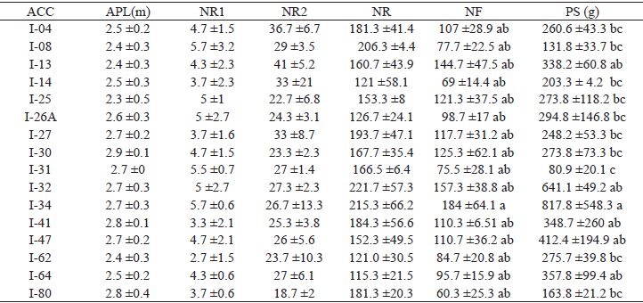 Caracter&iacute;sticas morfol&oacute;gicas de 16 accesos de J. curcas propagadas por semilla, provenientes del estado de Veracruz.