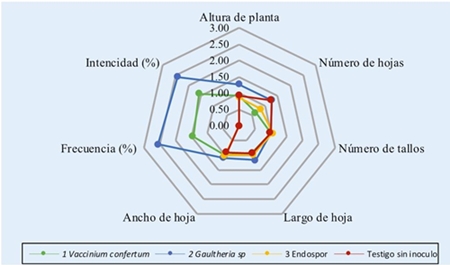 Variables de crecimiento de plántulas y colonización por micorrizas en arándano del cv Biloxi. Como respuesta a las diferentes fuentes de inoculo. Los valores reales de las variables fueron centrados con fines de graficación.