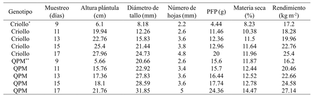 Promedio del rendimiento de forraje verde y sus componentes en dos tipos de maíces en condiciones de invernadero en Celaya, Guanajuato, México en 2014.