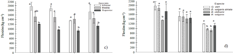 Resultados de pruebas de resistencias, a) compresi&oacute;n entre secciones de culmo por especie; b) compresi&oacute;n entre especies por secci&oacute;n; c) flexi&oacute;n entre secciones de culmo por especie; d) flexi&oacute;n entre especies por secci&oacute;n; e) tensi&oacute;n entre secciones de culmo por especie; y f) tensi&oacute;n entre especies por secci&oacute;n. Las barras representan los promedios y error est&aacute;ndar obtenidos de tres repeticiones, letras diferentes indican diferencia significativa entre secciones y especies (p&le; 0.05, prueba de Tukey). 