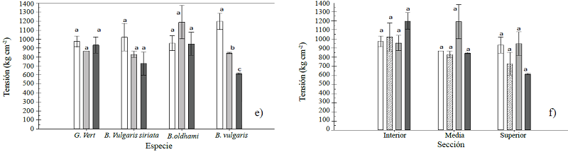 Resultados de pruebas de resistencias, a) compresi&oacute;n entre secciones de culmo por especie; b) compresi&oacute;n entre especies por secci&oacute;n; c) flexi&oacute;n entre secciones de culmo por especie; d) flexi&oacute;n entre especies por secci&oacute;n; e) tensi&oacute;n entre secciones de culmo por especie; y f) tensi&oacute;n entre especies por secci&oacute;n. Las barras representan los promedios y error est&aacute;ndar obtenidos de tres repeticiones, letras diferentes indican diferencia significativa entre secciones y especies (p&le; 0.05, prueba de Tukey). 