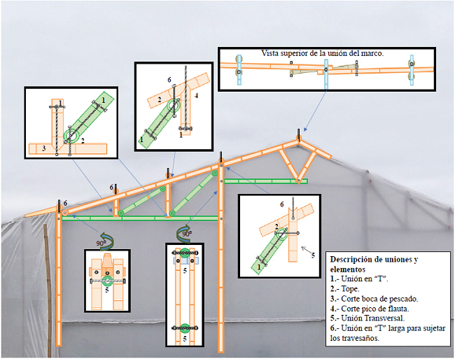 Modelo completo del prototipo de invernadero de bamb&uacute; mostrando detalles de las conexiones.