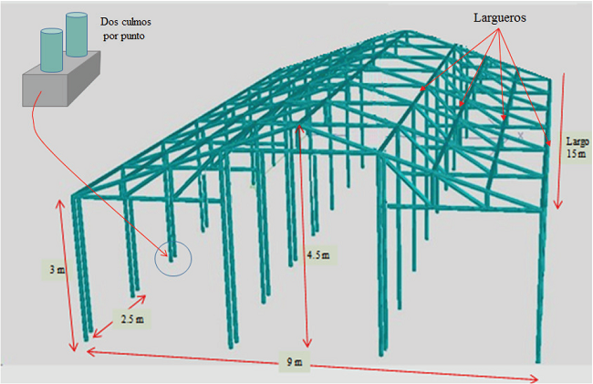 Perspectiva general del prototipo de invernadero de bamb&uacute; surgido del software STAAD.Pro&reg;V8i.