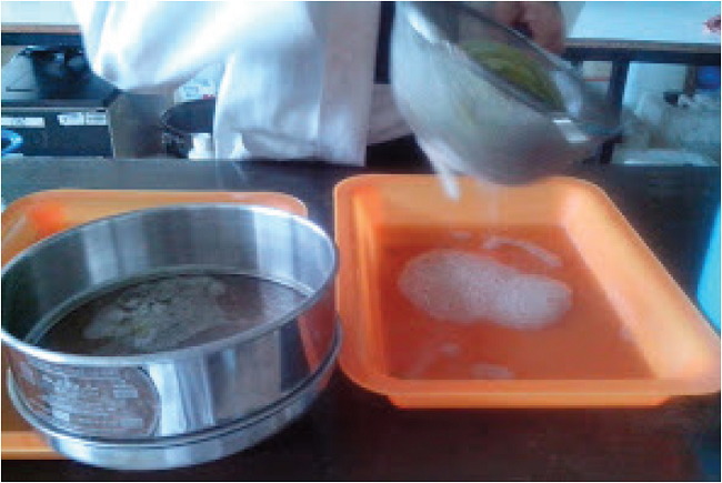 Proceso de separación mediante decantación del líquido por densidad. Al realizar el proceso de separación de realizó igualmente un proceso de filtrado con malla de 500 micras para remover residuos.